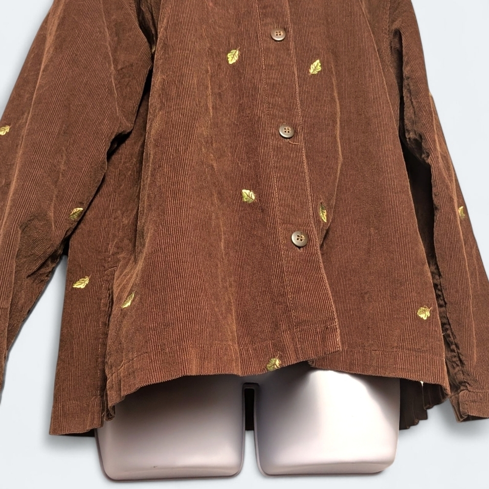 Vintage Corduroy Button Up Hoodie Casablanca Sport Brown 90s Leaf Embroidery - Picture 9 of 13